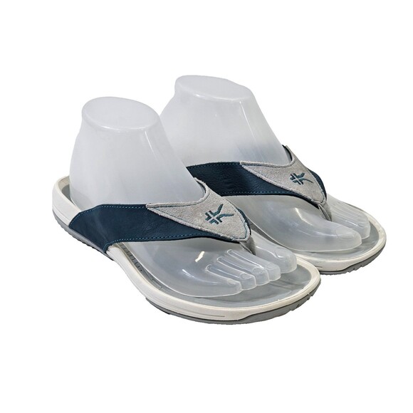 ALK Women's 8 Kuru Leather Slip On Thong Flip Flop Sandals Teal & Gray Slides - Picture 1 of 8